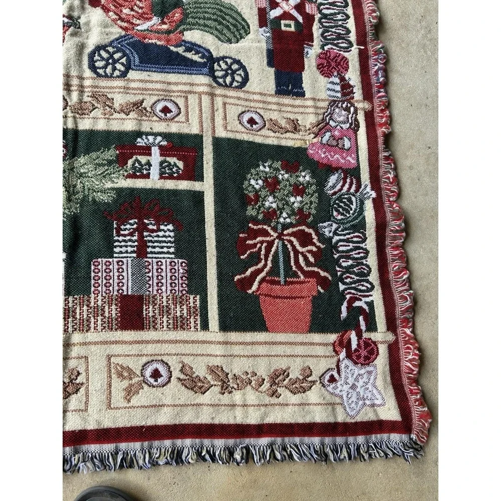 Vtg Christmas Tapestry Blanket Throw Crown Crafts Cookie Elf Santa Nutcracker